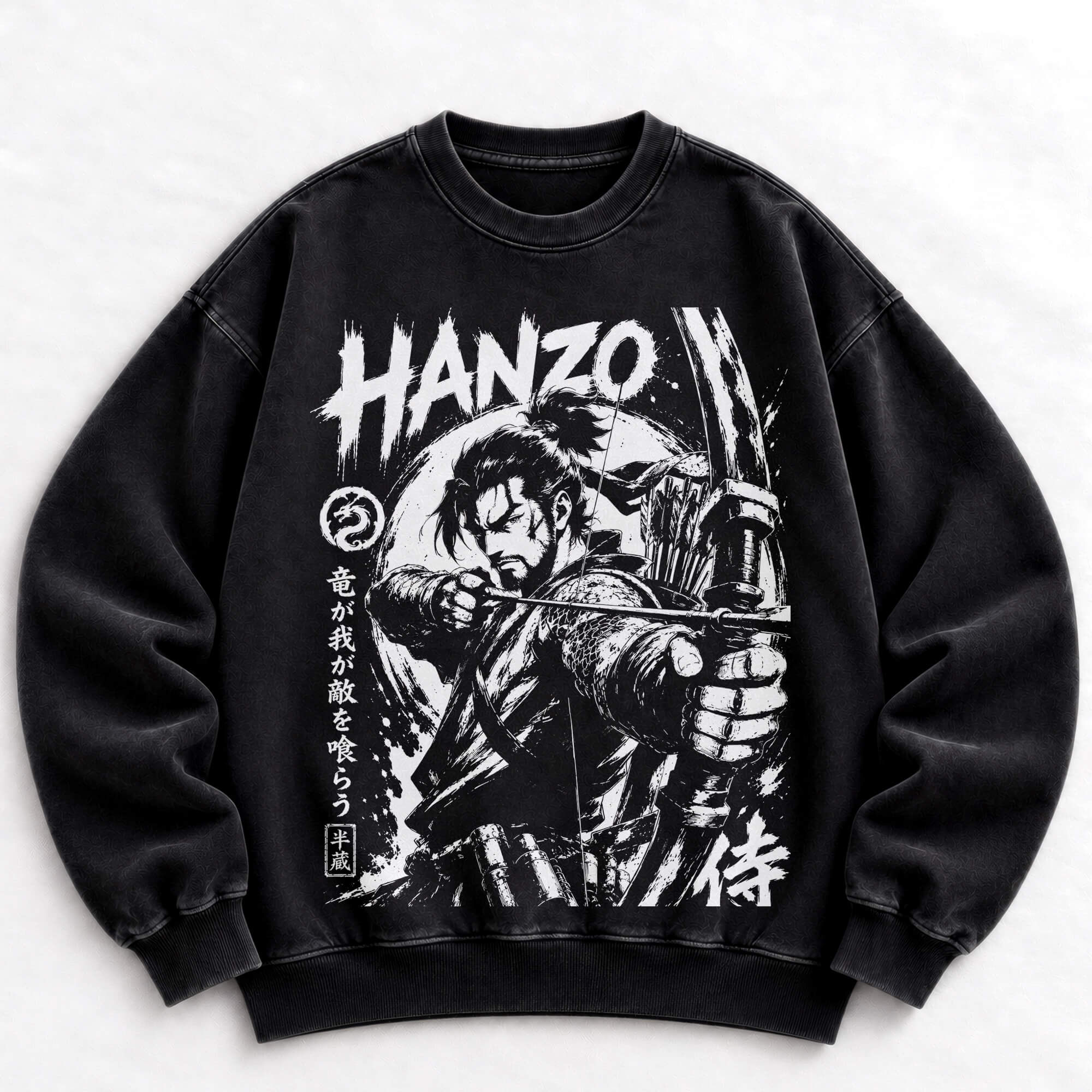 Hanzo Overwatch Japanese ink graphic vintage-washed crewneck sweatshirt