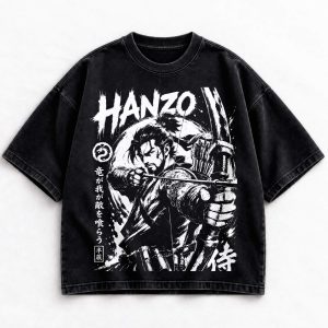 Hanzo Overwatch monochrome archer graphic on black vintage-washed shirt