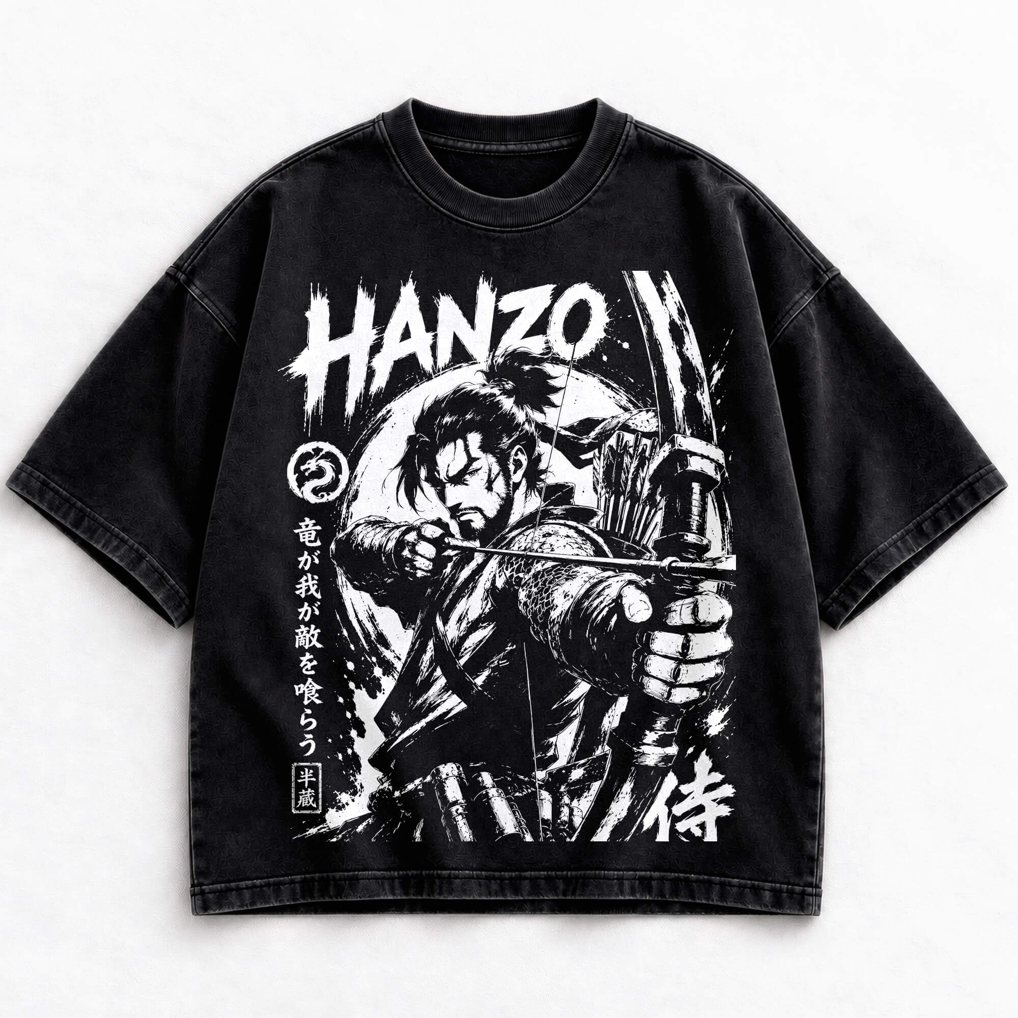 OW_02_T Hanzo Overwatch monochrome archer graphic on black vintage-washed shirt