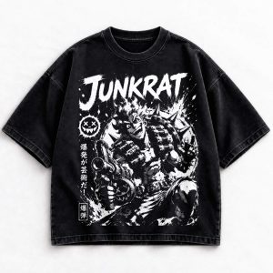 Junkrat Overwatch monochrome manga graphic on black vintage-washed T-shirt