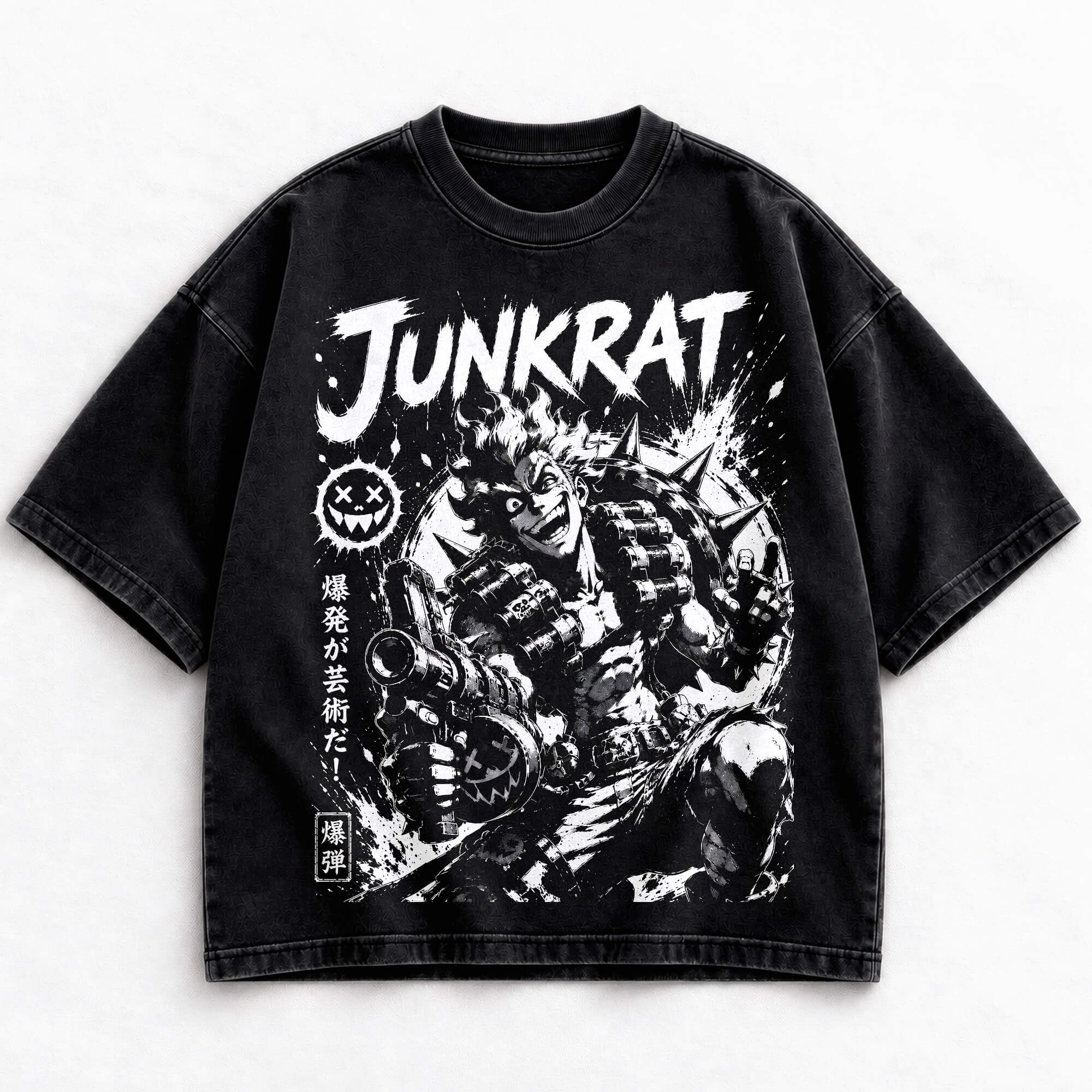 OW_03_T Junkrat Overwatch monochrome manga graphic on black vintage-washed T-shirt