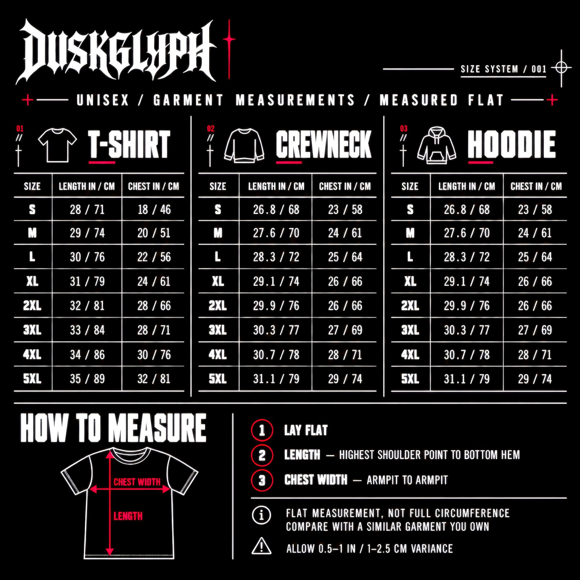 DUSKGLYPH T-shirt crewneck sweatshirt and hoodie size chart