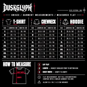 ALT: DUSKGLYPH T-shirt crewneck sweatshirt and hoodie size chart